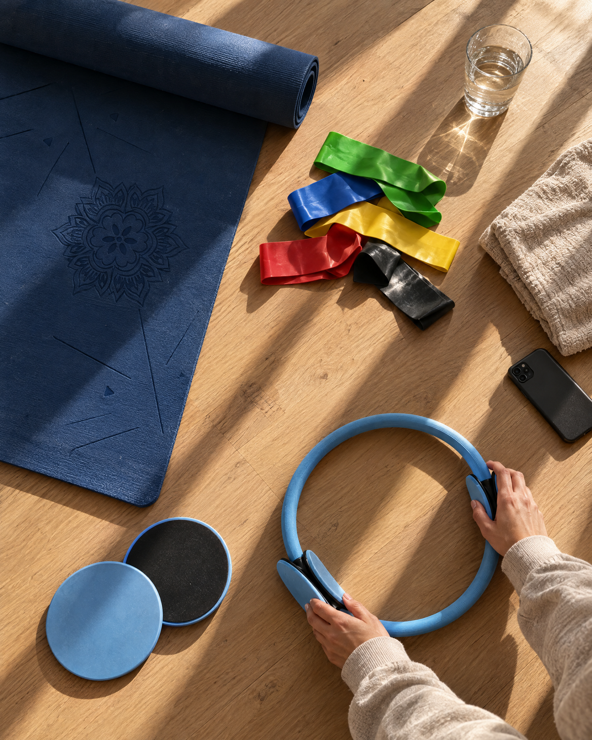 My20 Starter Set from above: navy Pilates mat, resistance bands, Pilates ring and core sliders on a wood floor