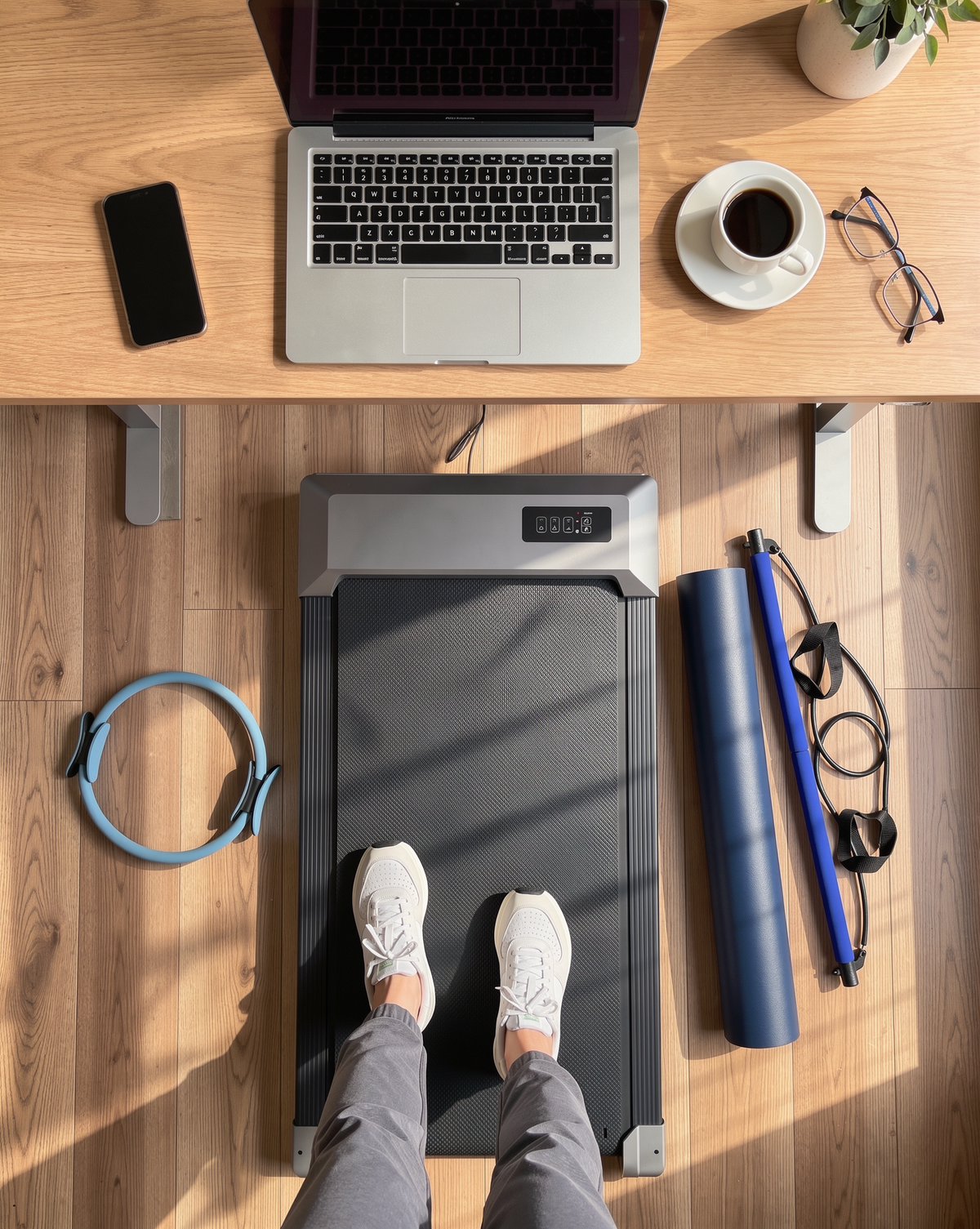 My20 Plus Set: walking pad, rolled Pilates mat, bar kit and ring beside a standing desk