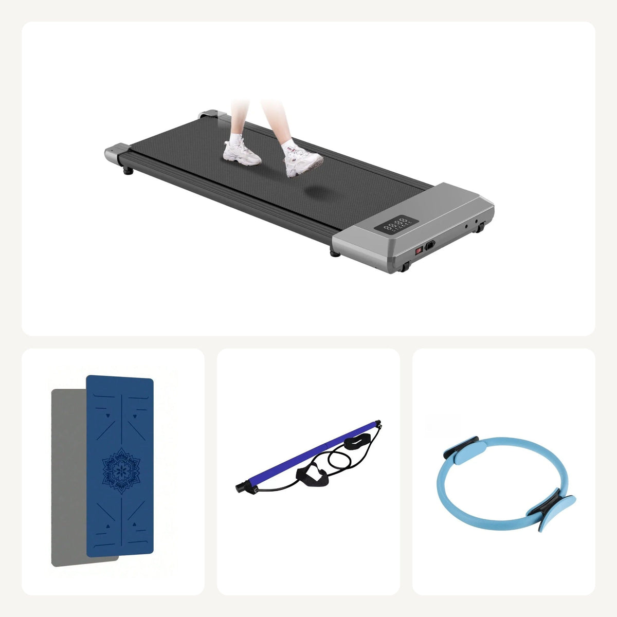 My20 Plus Set by Gizimoto: under-desk walking pad, navy Pilates mat, blue Pilates bar kit, blue Pilates ring