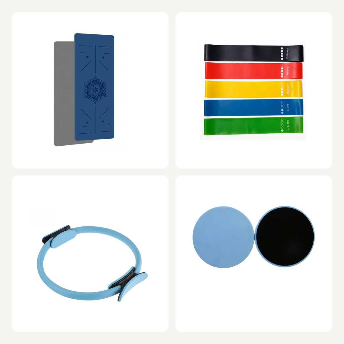 My20 Starter Set by Gizimoto: navy Pilates mat, 5 resistance bands, blue Pilates ring, blue core sliders